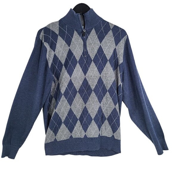 Oscar de la Renta Navy Blue Gray Argyle Fair Isle Preppy Quarter Zip Sweater - Picture 1 of 5